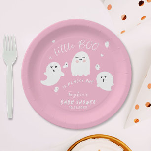 Pink Girl Ghost Little Boo Halloween Baby Shower Paper Plate
