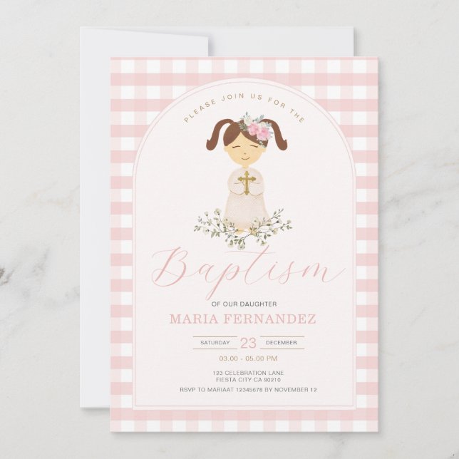 Pink Girl Gingham Wildflowers Christening Baptism Invitation (Front)