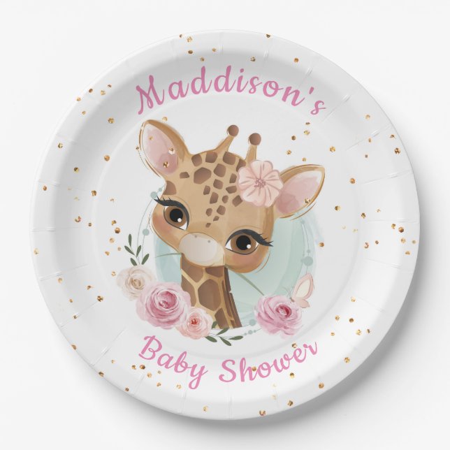 Pink Girl Giraffe Baby Shower Paper Plate (Front)