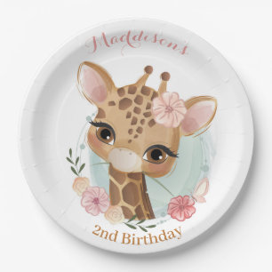 Pink Girl Giraffe Birthday Baby Shower Paper Plate