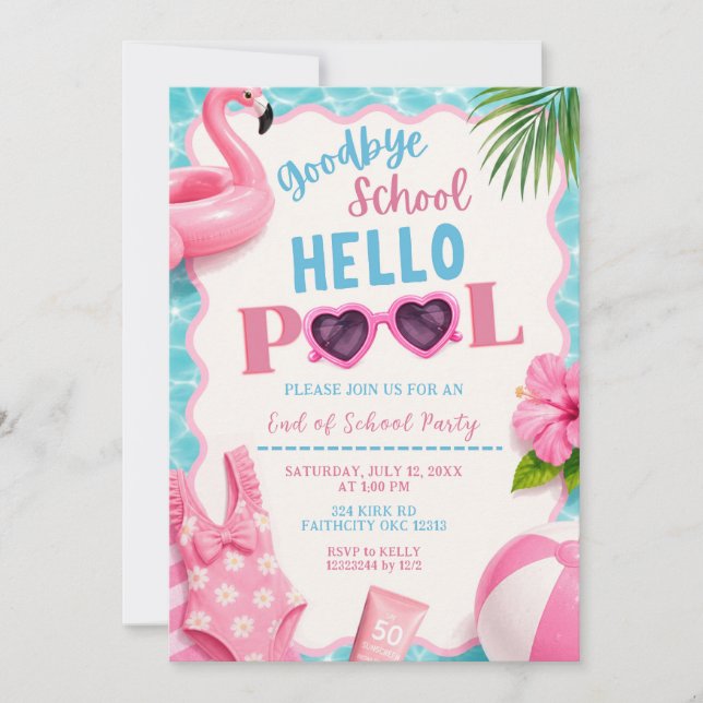Pink Girl Goodbye School Hello Pool Invitation (Front)