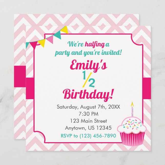 Pink Girl Half Birthday Photo Invitation (Front/Back)