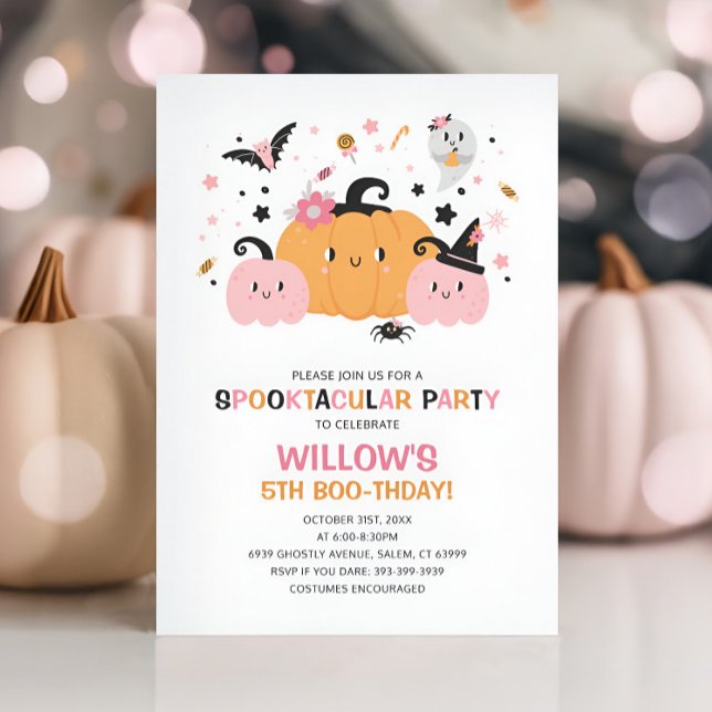 Pink Girl Halloween Birthday Party Invitation (Pink Halloween Birthday Party Girl Invitation)