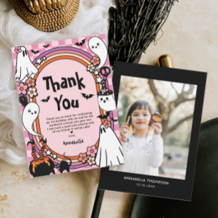 Pink Girl Halloween Photo Birthday Party Thank You Card