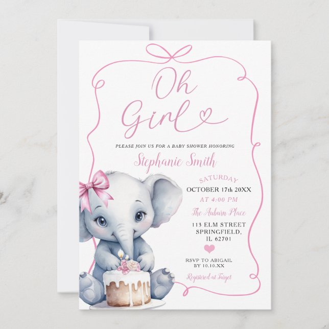 Pink Girl Handdrawn With Bow Elephant Baby Shower Invitation (Front)