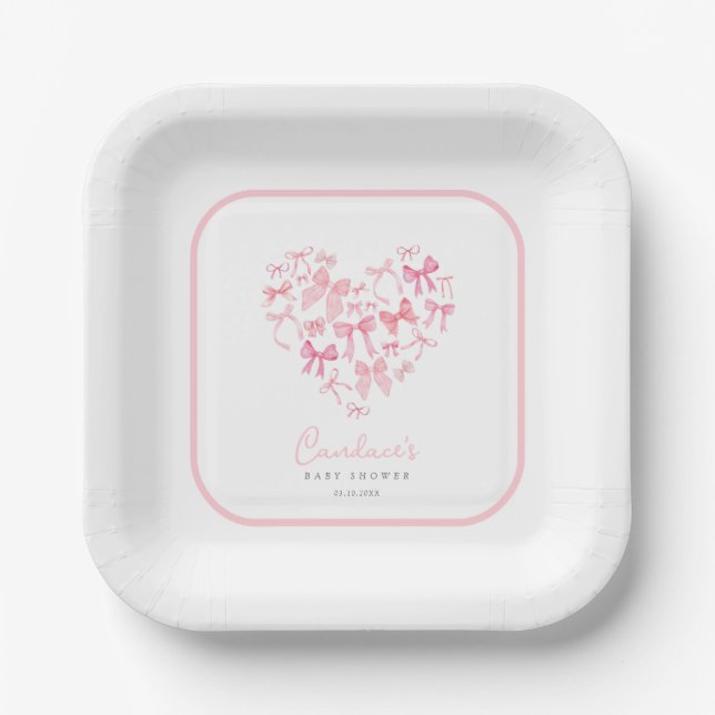 Pink Girl Heart Bow Custom Baby Shower Paper Plate (Front)