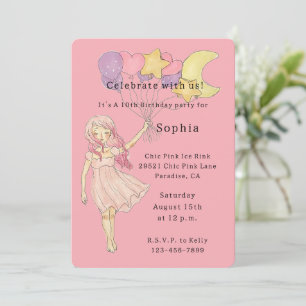 Pink Girl Heart Stars Moon Balloons Birthday Invitation