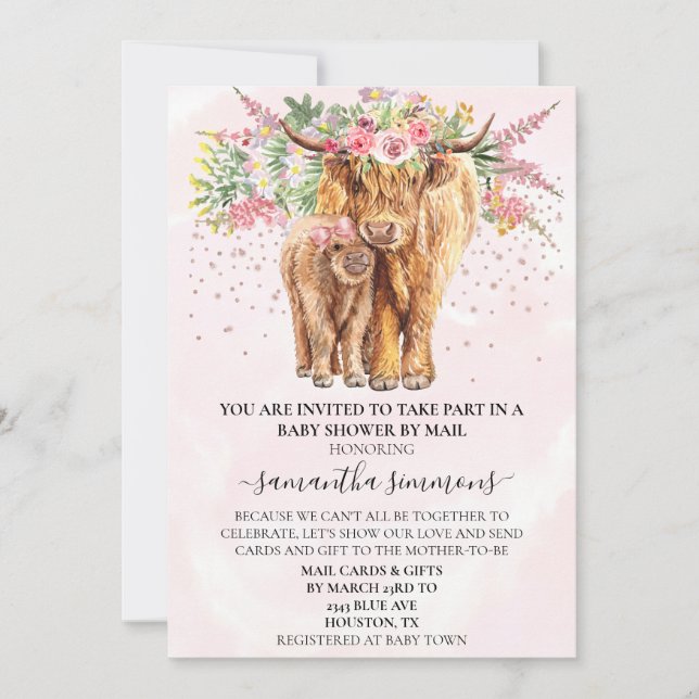 Pink Girl Highland Cow Calf Baby Shower By Mail Invitation (Front)