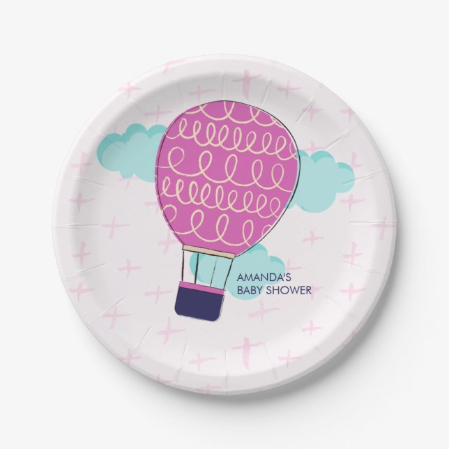 Pink Girl Hot Air Balloon Baby Shower Party Paper Plate (Front)