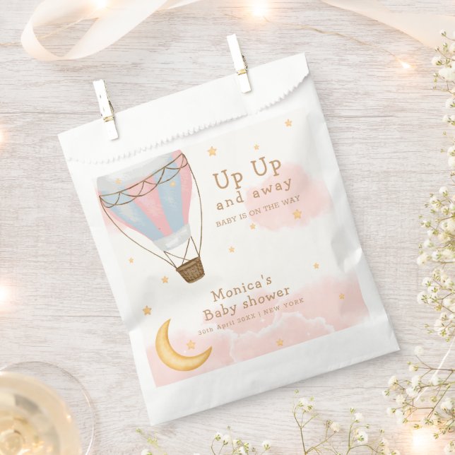 Pink Girl Hot Air Balloon Moon Star Baby Shower Favour Bags (Clipped)