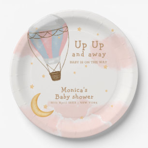 Pink Girl Hot Air Balloon Moon Star Baby Shower Paper Plate