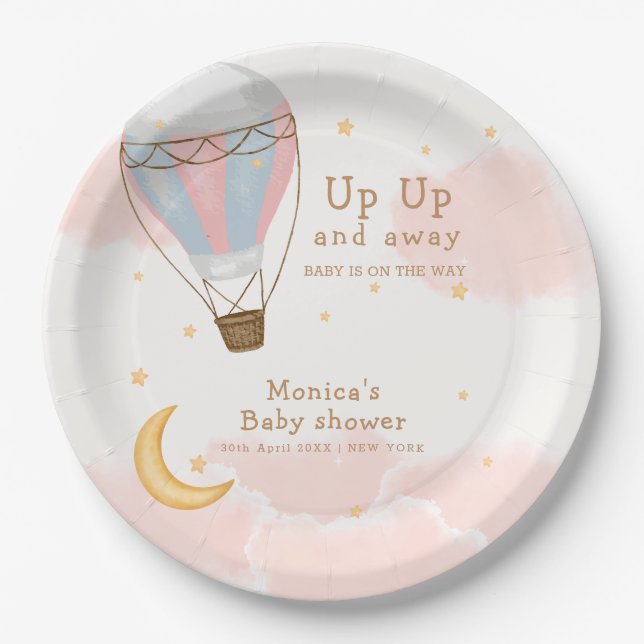 Pink Girl Hot Air Balloon Moon Star Baby Shower Paper Plate (Front)