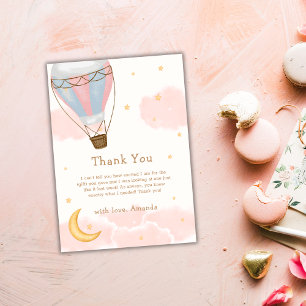 Pink Girl Hot Air Balloon Moon Star Baby Shower Thank You Card