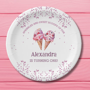 Pink Girl Ice Cream 1st Birthday Party Paper Plate