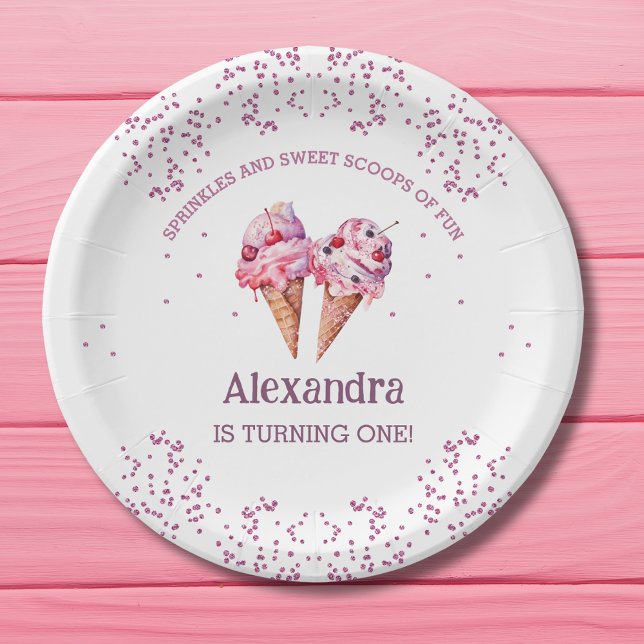 Pink Girl Ice Cream 1st Birthday Party Paper Plate (Creator Uploaded)