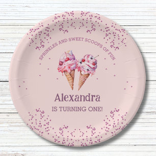 Pink Girl Ice Cream 1st Birthday Party Paper Plate