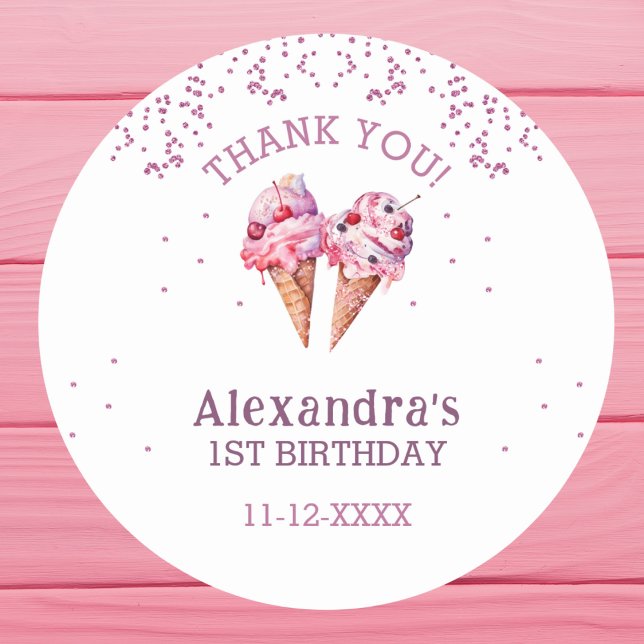 Pink Girl Ice Cream 1st Birthday Thank You Classic Round Sticker (Creator Uploaded)