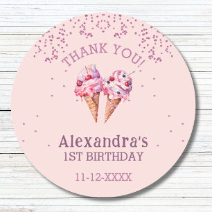Pink Girl Ice Cream 1st Birthday Thank You Classic Round Sticker