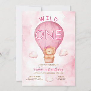 Pink Girl Lion Wild One Hot Air Balloon Birthday Invitation