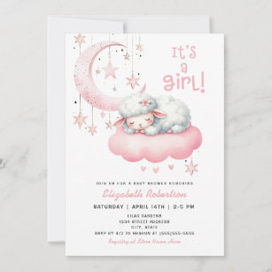 Pink Girl Little Lamb Baby Shower Invitation