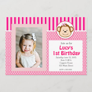 Pink Girl Monkey Birthday Invitation