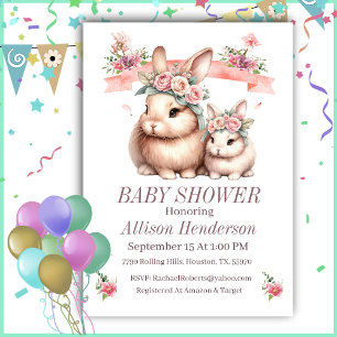 Pink Girl Mummy And Baby Bunny Baby Shower  Invitation