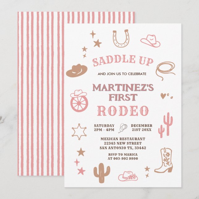 Pink Girl My First Rodeo Cowgirl Birthday Invitation (Front/Back)