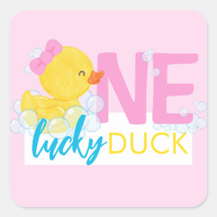 Pink Girl One Lucky Duck 1st Birthday Party Square Sticker