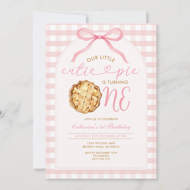 Pink Girl Our Little Cutie Pie Gingham Birthday Invitation (Front)