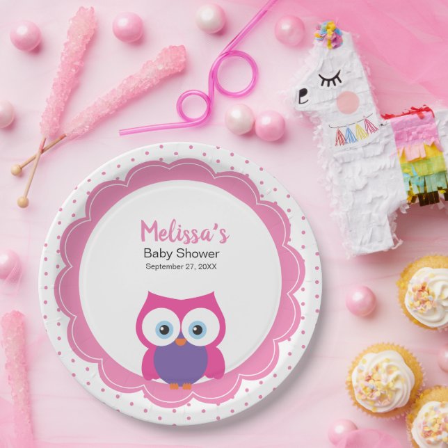 Pink Girl Owl Charming Cute Expressive Eyes Paper Plate (Party)