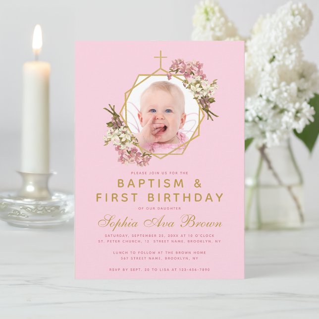 Pink  Girl Photo Baptism First Birthday Orchids Invitation (Creator Uploaded)
