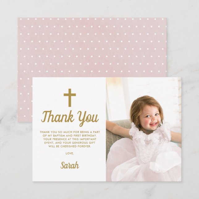 Pink Girl Photo First Birthday Baptism Thank You Card (Front/Back)