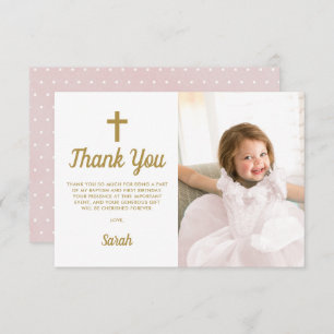 Pink Girl Photo First Birthday Baptism Thank You Card