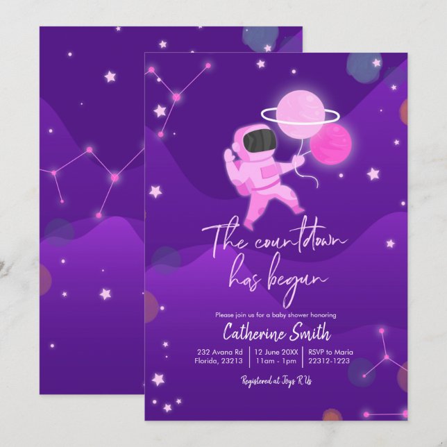 Pink Girl Planet Space Baby Shower Invitation (Front/Back)