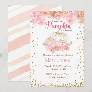 Pink girl pumpkin baby shower watercolor invitation