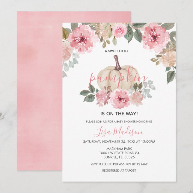 Pink Girl Pumpkin is on the Way Baby Shower Invitation (Front/Back)