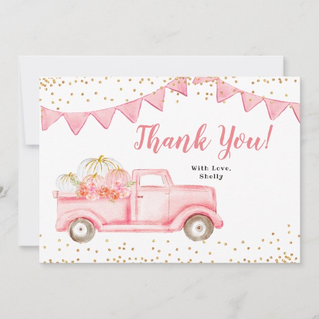 Pink Girl Pumpkin Truck Thank You Card (Front)