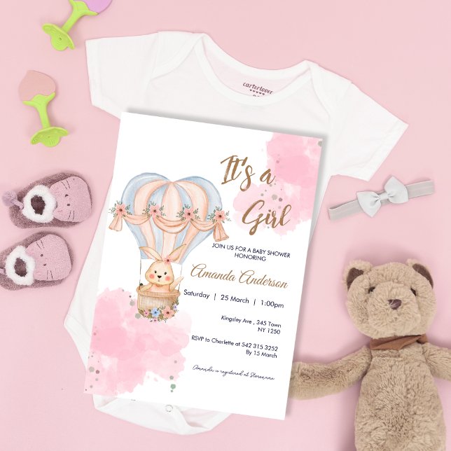 Pink Girl Rabbit Balloon Baby Shower Invitation (Pink Girl Rabbit Balloon Baby Shower Invite)
