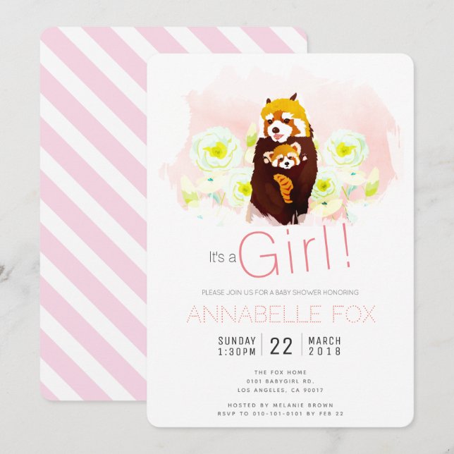 Pink Girl 'Red Panda' Baby Shower Invitation Card (Front/Back)