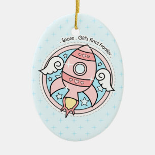 Pink Girl Rocketship Ceramic Tree Decoration