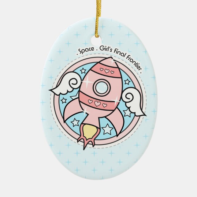 Pink Girl Rocketship Ceramic Tree Decoration (Front)