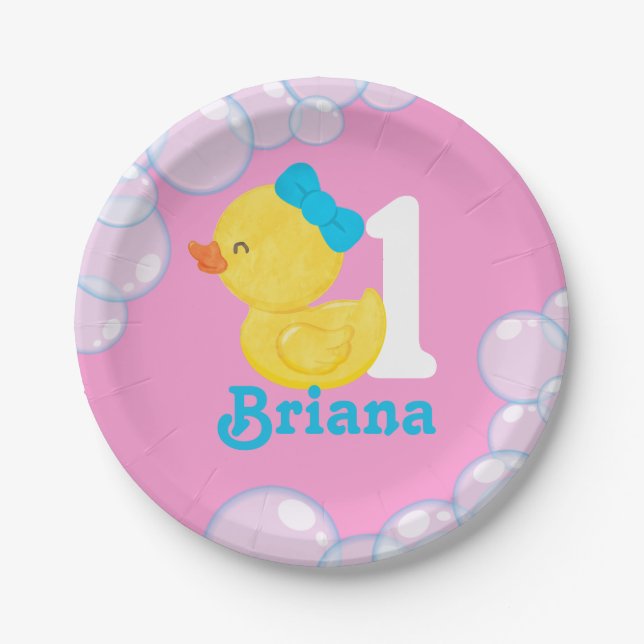 Pink Girl Rubber Duck Personalised Birthday Paper Plate (Front)