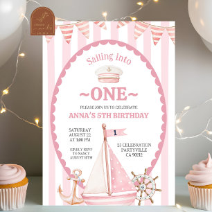 Pink Girl Sail into one sailor birthday Invitation