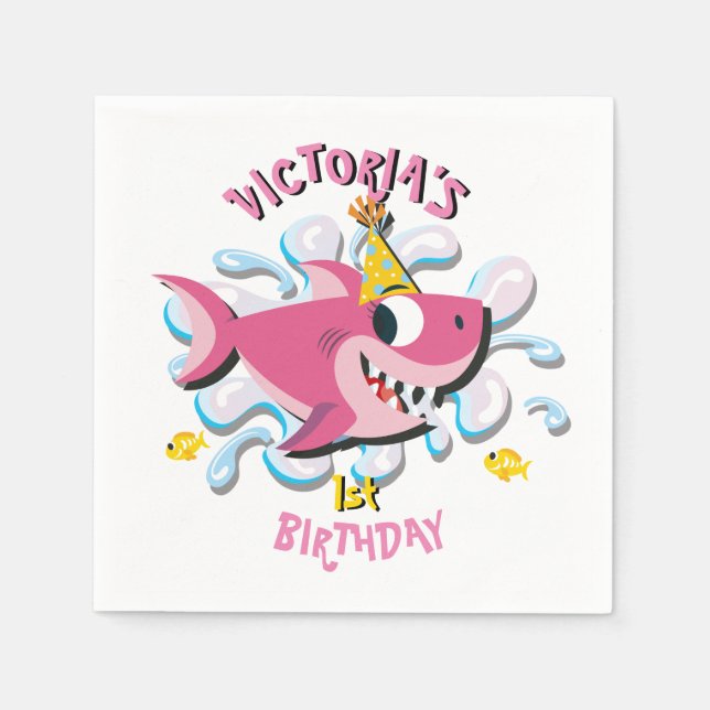 Pink Girl Shark Baby Birthday Party Napkins (Front)