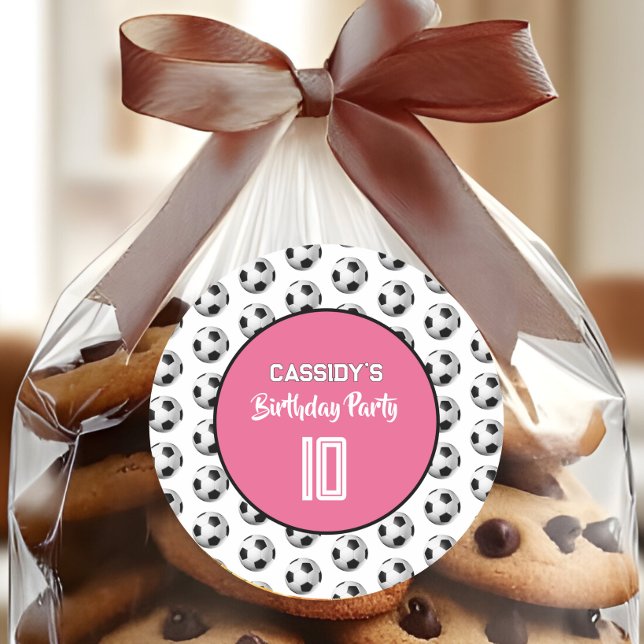 Pink Girl Soccer Birthday Party Classic Round Sticker (Creator Uploaded)