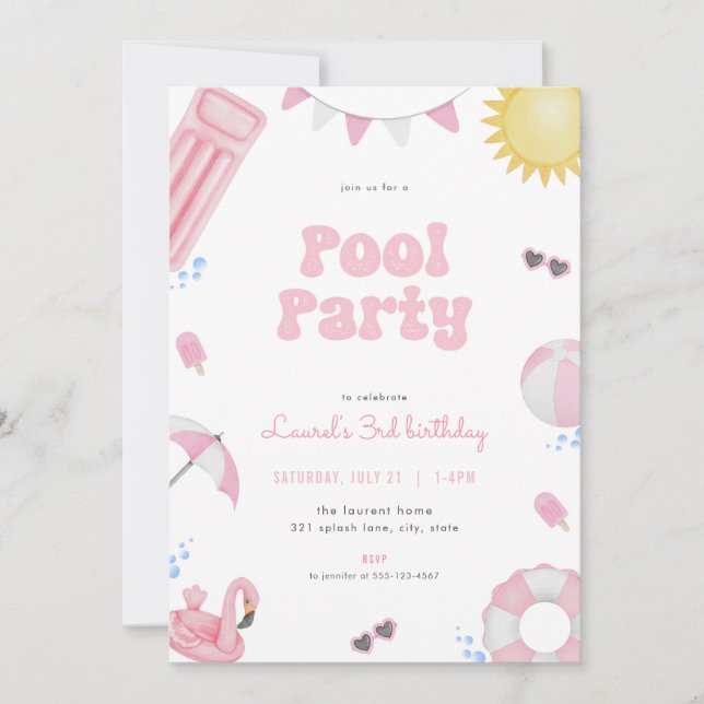 Pink Girl Summer Pool Party Birthday Invitation (Front)