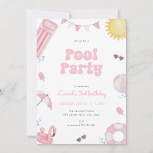 Pink Girl Summer Pool Party Birthday Invitation