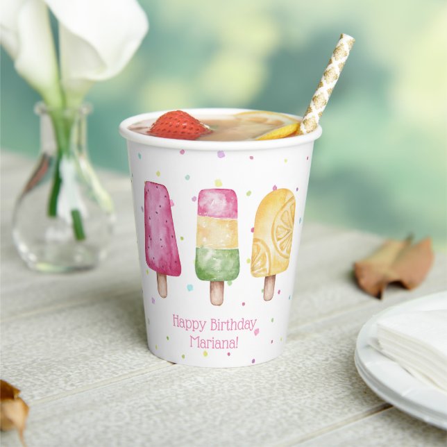 Pink Girl Summer Popsicle Birthday Party Paper Cups (Insitu)