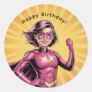 Pink Girl Superhero Birthday Party Classic Round Sticker