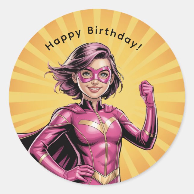 Pink Girl Superhero Birthday Party Classic Round Sticker (Front)